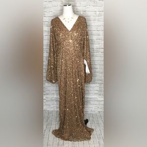 Mac Duggal PUFF SLEEVE sequined V NECK GOWN bronze nwot size 16